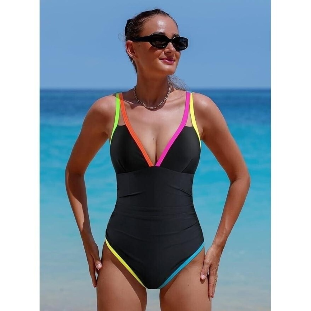 POPVIL Womens Neon Colorblock Ruched V-Neck One Piece Swimsuit Black Multi NWT‎